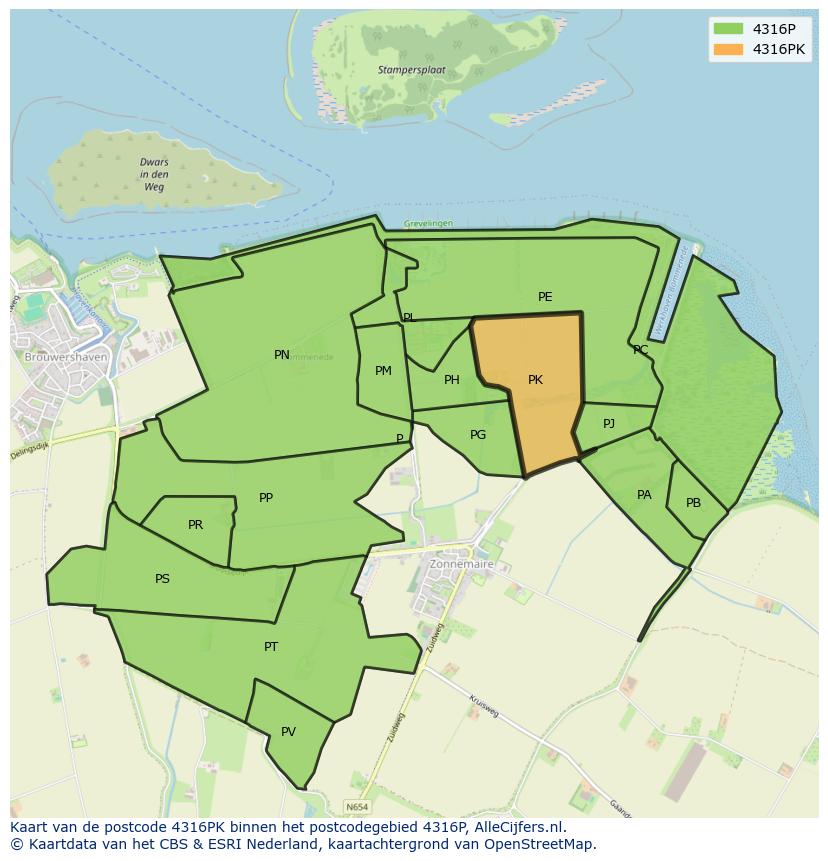 Afbeelding van het postcodegebied 4316 PK op de kaart.