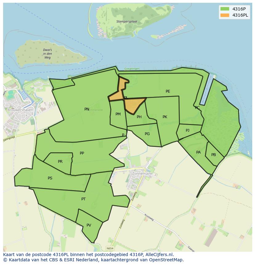 Afbeelding van het postcodegebied 4316 PL op de kaart.