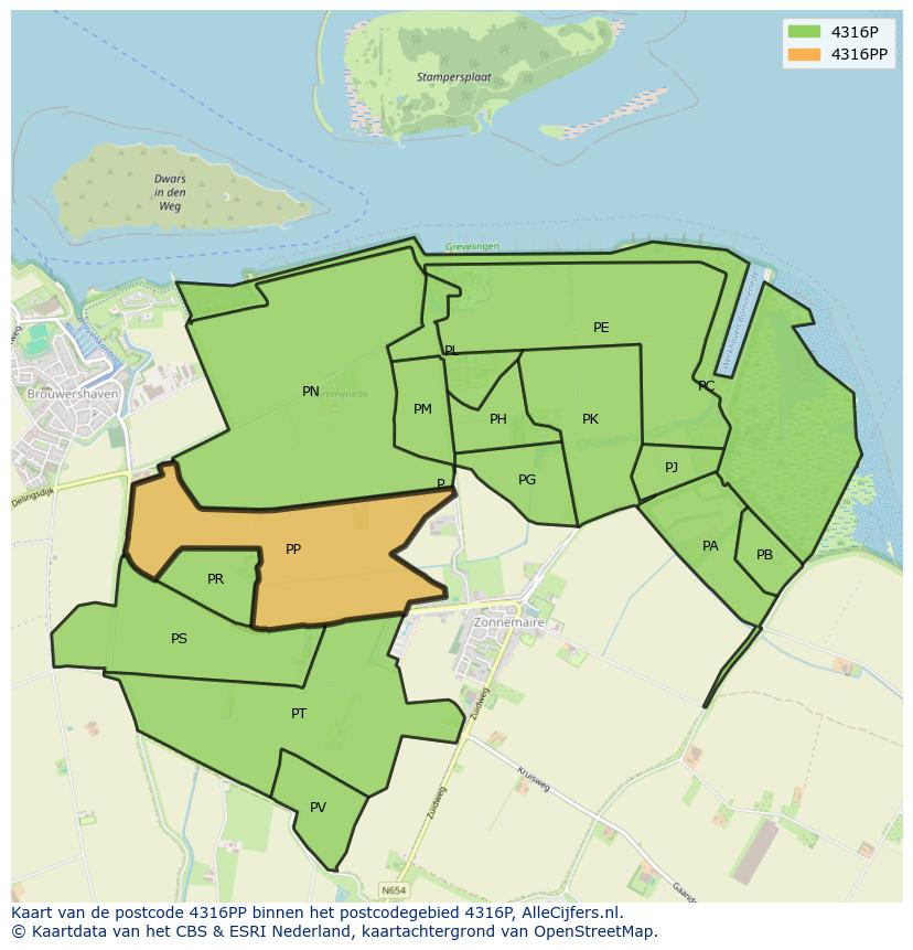 Afbeelding van het postcodegebied 4316 PP op de kaart.