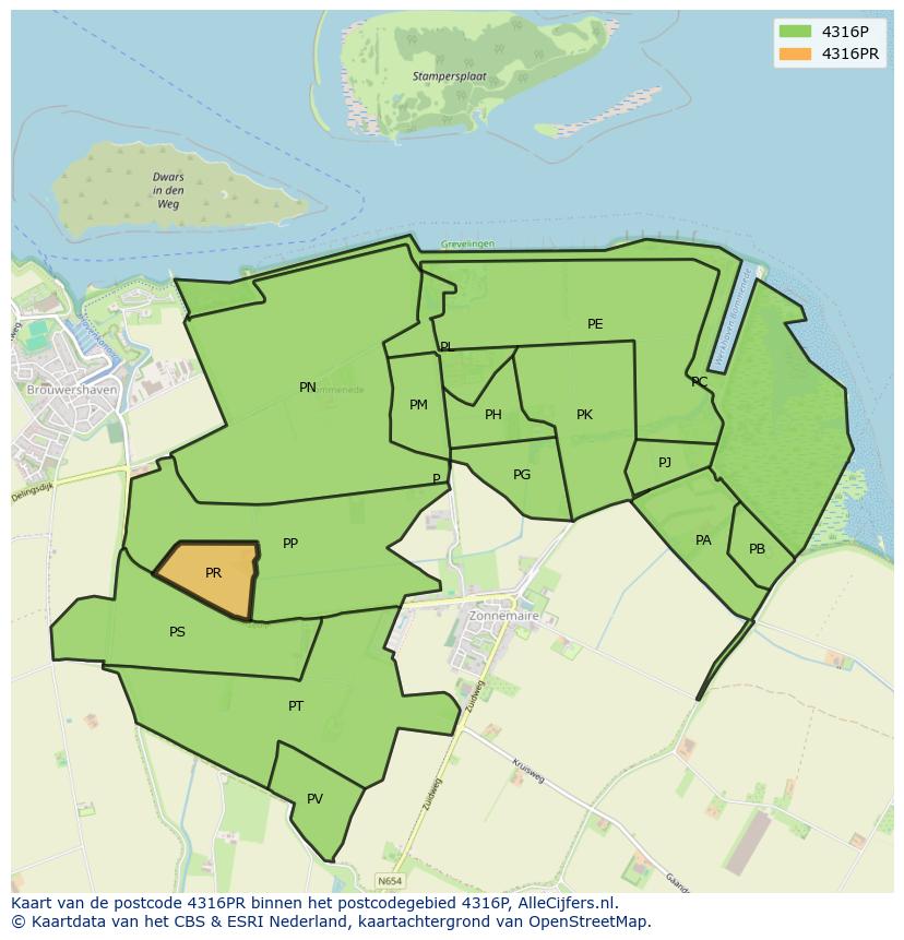 Afbeelding van het postcodegebied 4316 PR op de kaart.