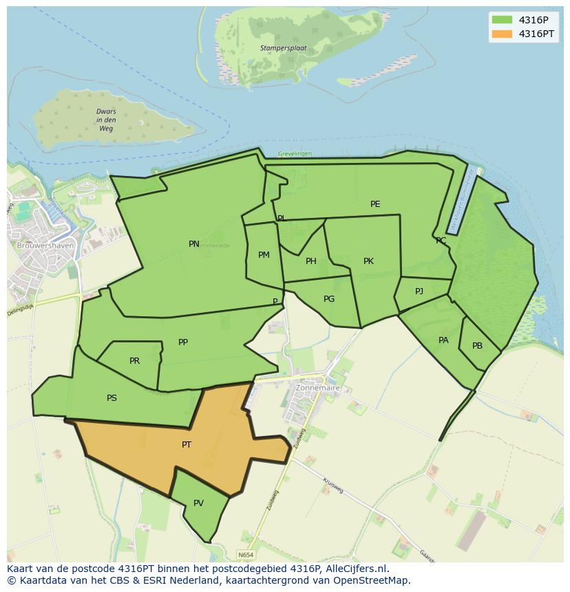 Afbeelding van het postcodegebied 4316 PT op de kaart.