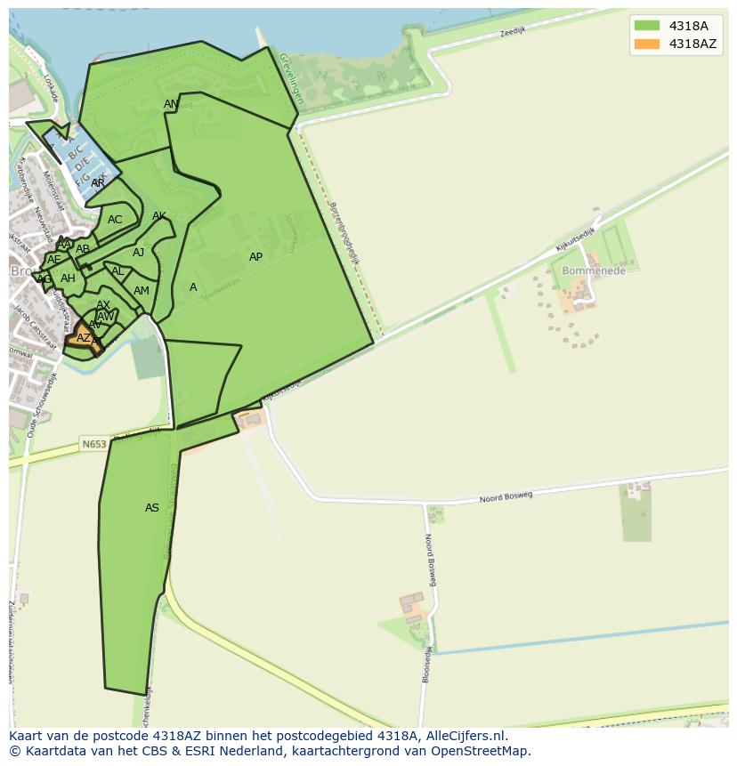 Afbeelding van het postcodegebied 4318 AZ op de kaart.