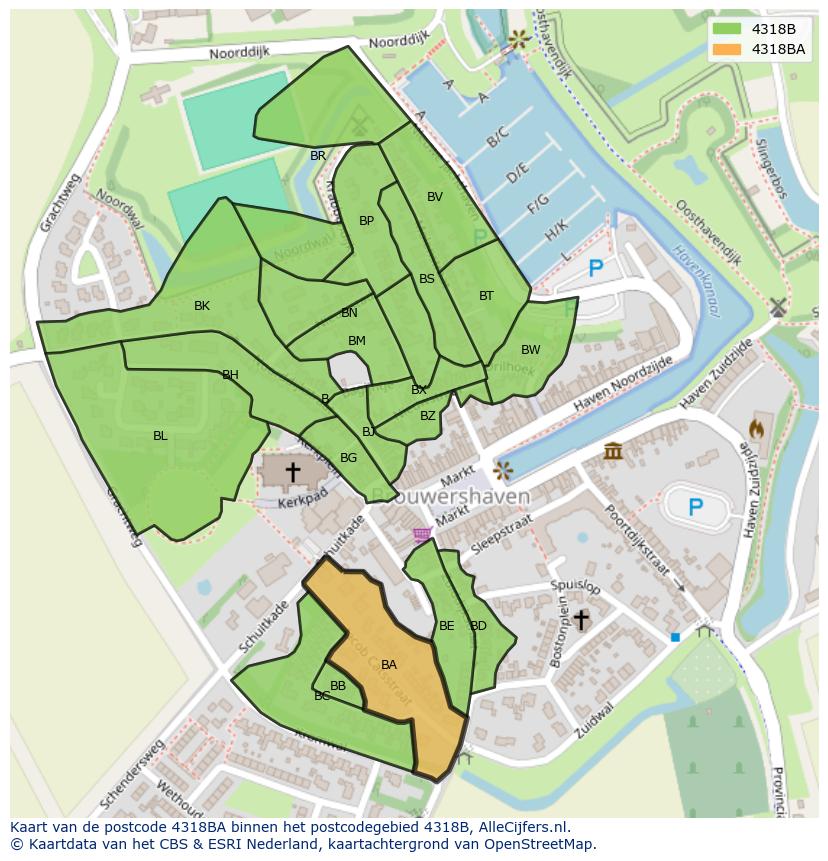 Afbeelding van het postcodegebied 4318 BA op de kaart.