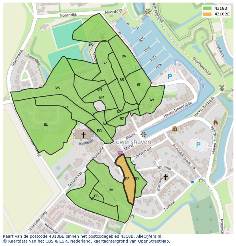 Afbeelding van het postcodegebied 4318 BE op de kaart.