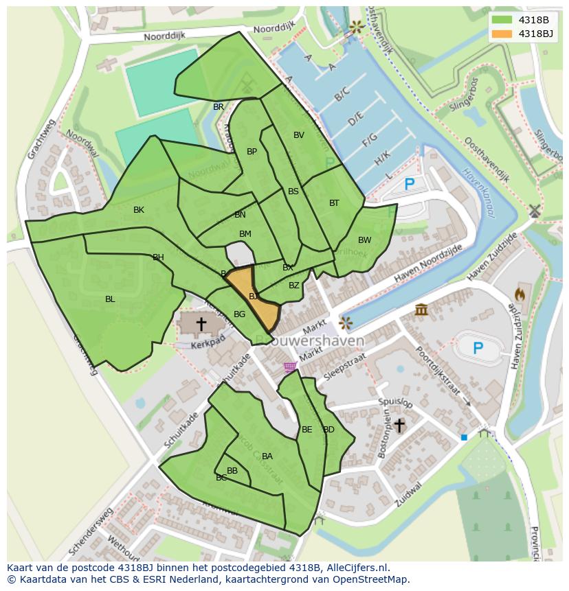 Afbeelding van het postcodegebied 4318 BJ op de kaart.