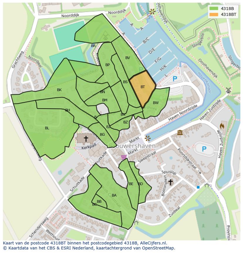 Afbeelding van het postcodegebied 4318 BT op de kaart.