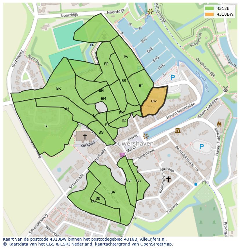 Afbeelding van het postcodegebied 4318 BW op de kaart.