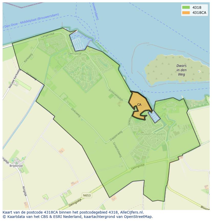 Afbeelding van het postcodegebied 4318 CA op de kaart.
