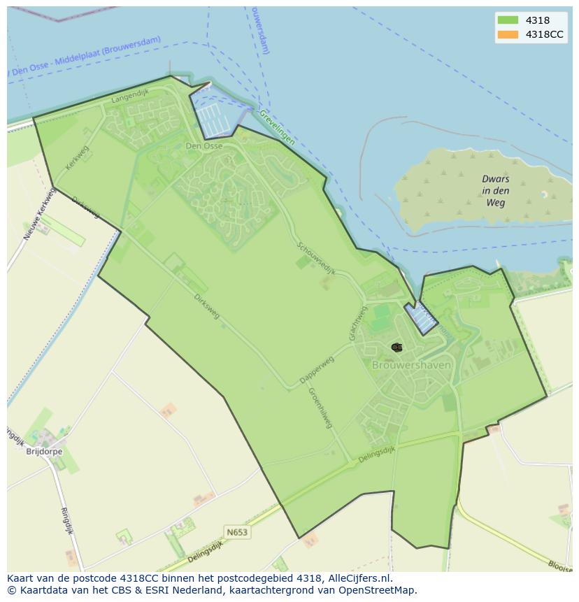 Afbeelding van het postcodegebied 4318 CC op de kaart.