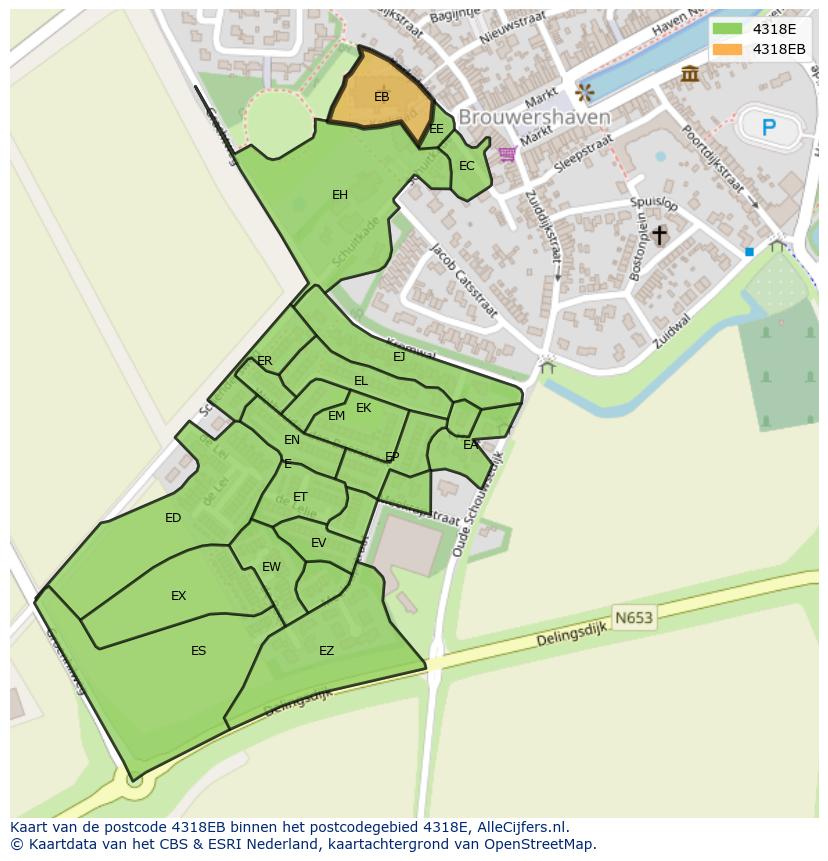 Afbeelding van het postcodegebied 4318 EB op de kaart.