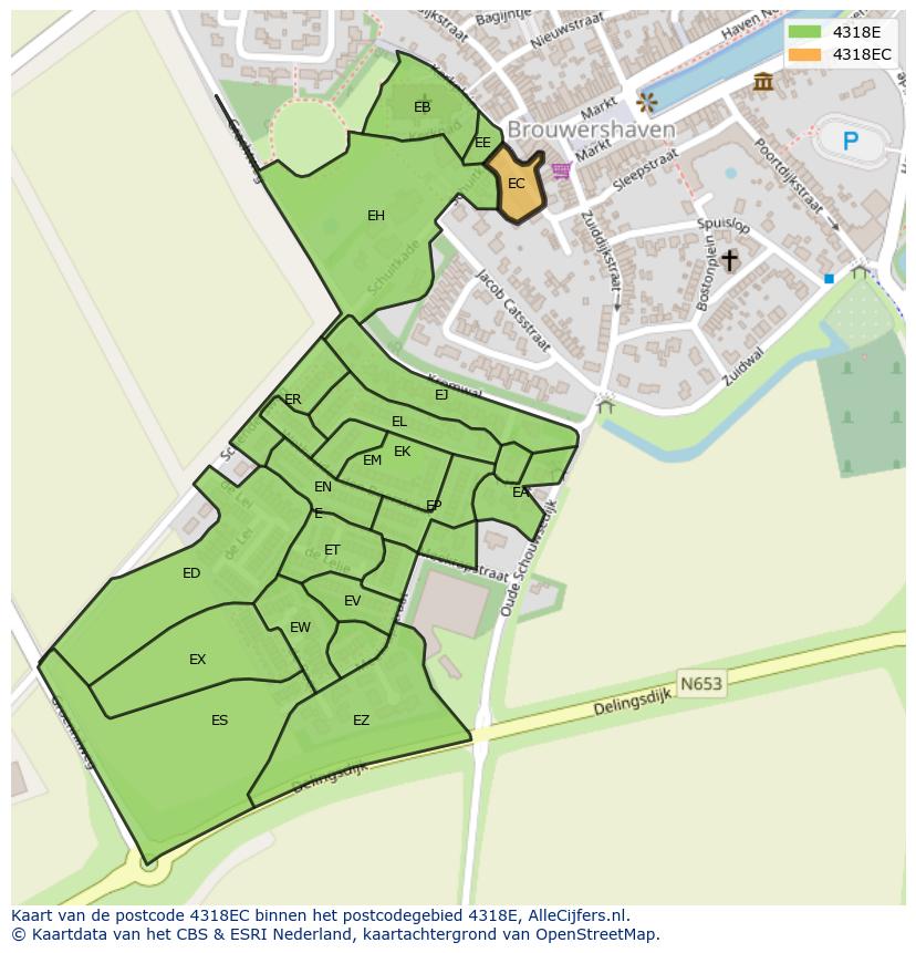 Afbeelding van het postcodegebied 4318 EC op de kaart.