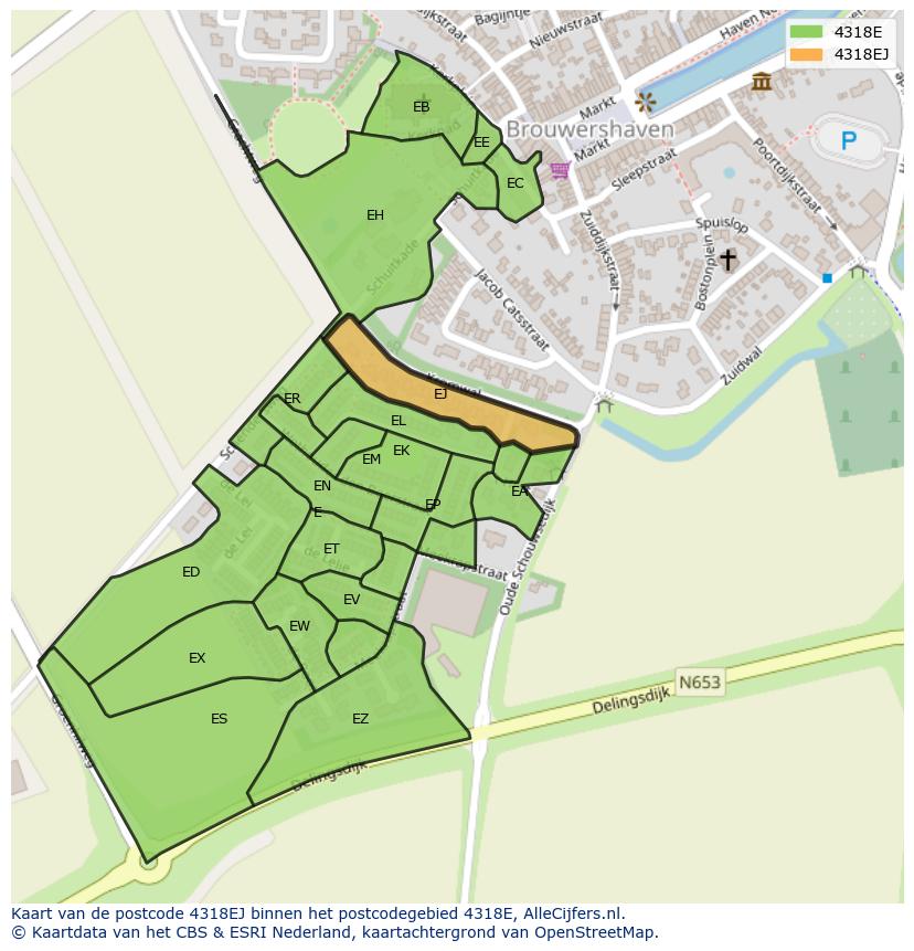 Afbeelding van het postcodegebied 4318 EJ op de kaart.