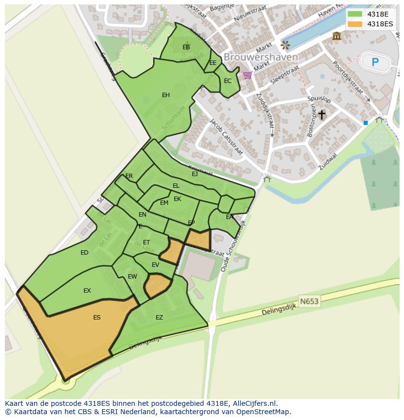 Afbeelding van het postcodegebied 4318 ES op de kaart.