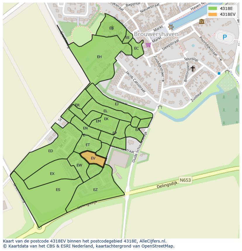 Afbeelding van het postcodegebied 4318 EV op de kaart.