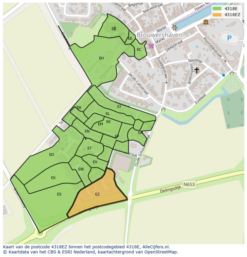 Afbeelding van het postcodegebied 4318 EZ op de kaart.