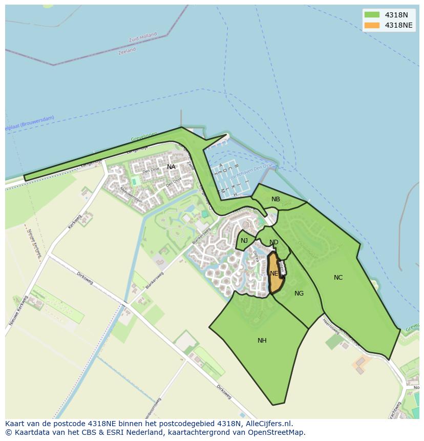 Afbeelding van het postcodegebied 4318 NE op de kaart.