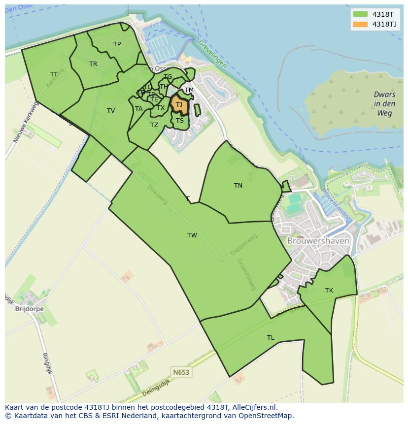 Afbeelding van het postcodegebied 4318 TJ op de kaart.
