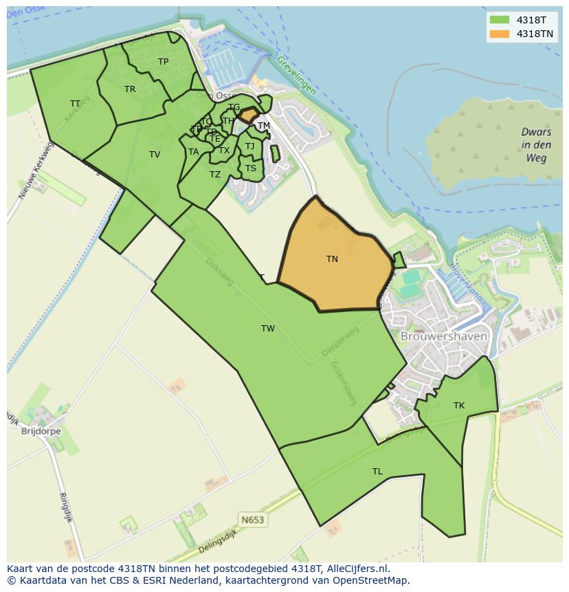Afbeelding van het postcodegebied 4318 TN op de kaart.