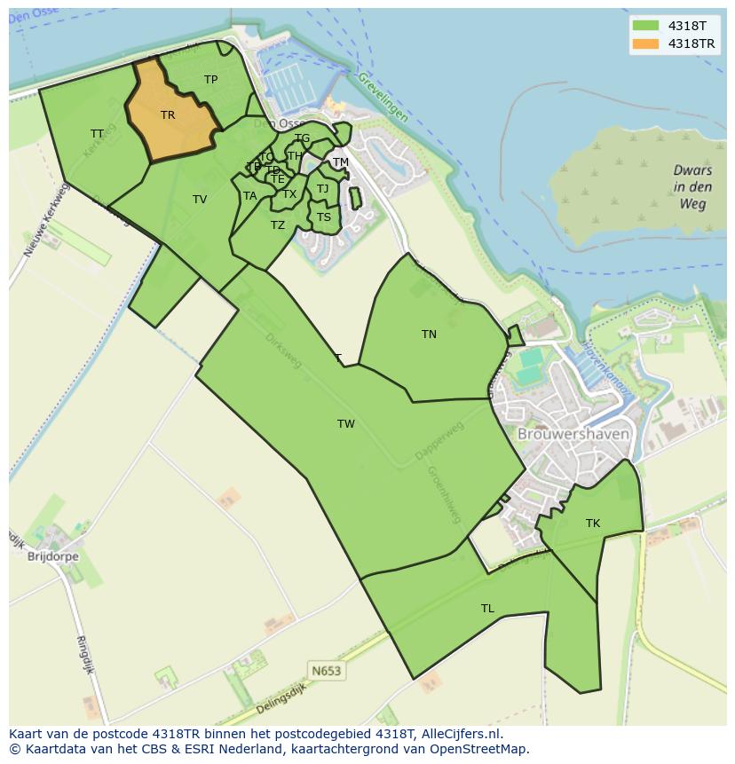 Afbeelding van het postcodegebied 4318 TR op de kaart.