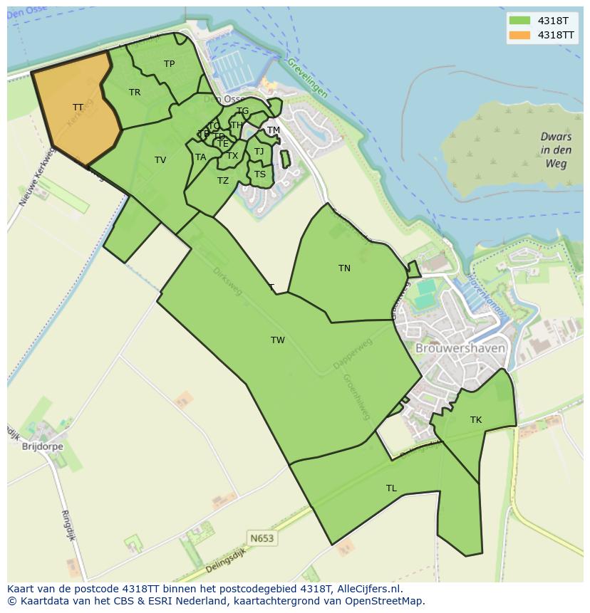 Afbeelding van het postcodegebied 4318 TT op de kaart.