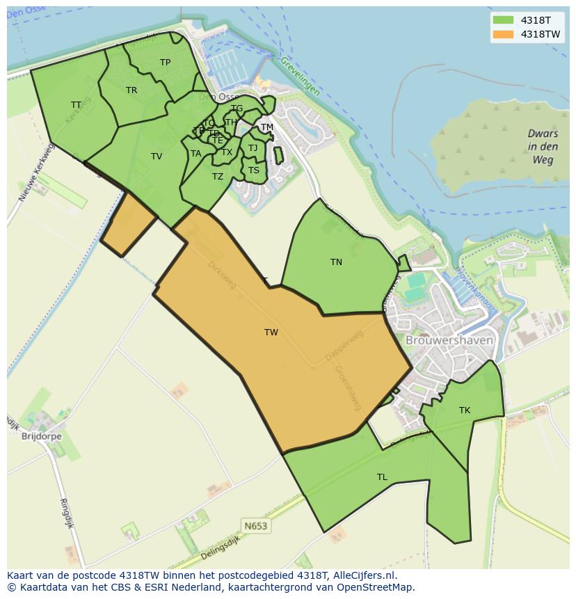 Afbeelding van het postcodegebied 4318 TW op de kaart.
