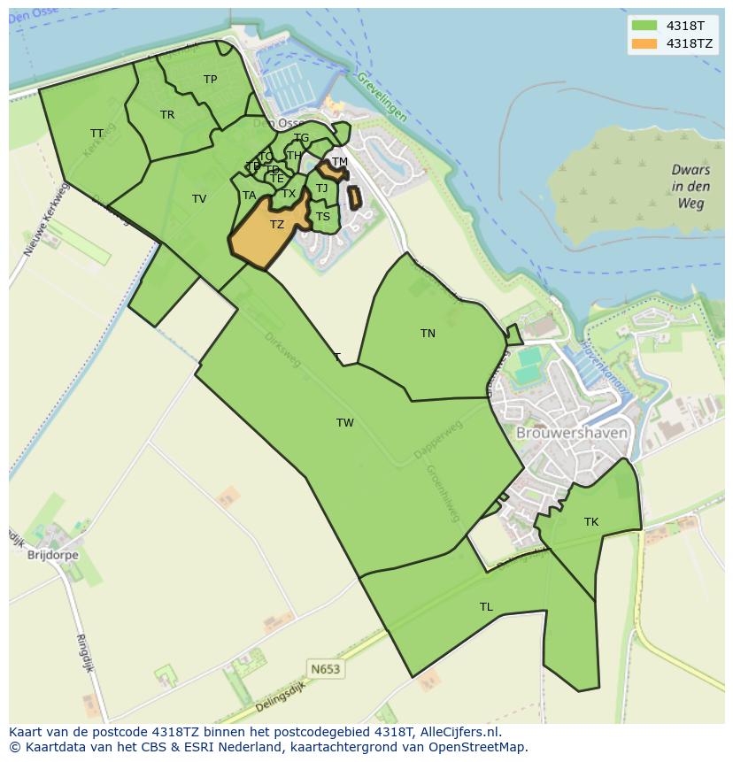 Afbeelding van het postcodegebied 4318 TZ op de kaart.