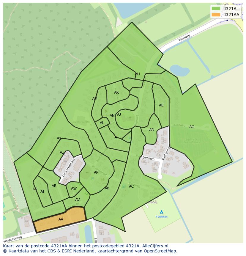 Afbeelding van het postcodegebied 4321 AA op de kaart.