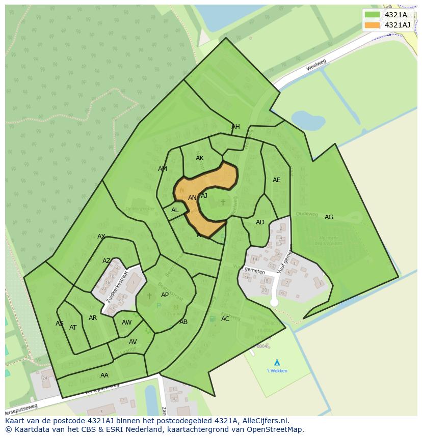 Afbeelding van het postcodegebied 4321 AJ op de kaart.