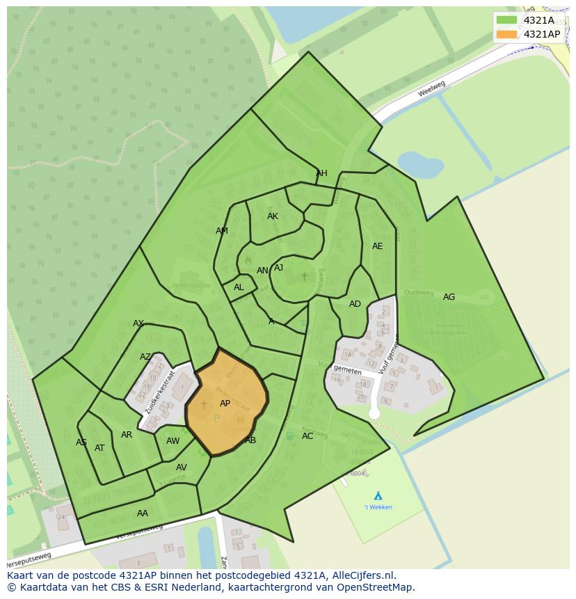 Afbeelding van het postcodegebied 4321 AP op de kaart.