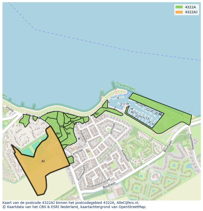 Afbeelding van het postcodegebied 4322 AJ op de kaart.