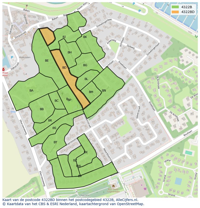 Afbeelding van het postcodegebied 4322 BD op de kaart.