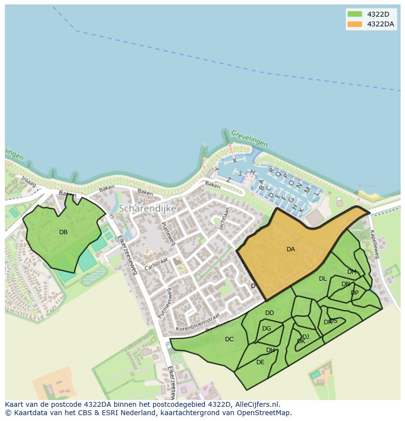 Afbeelding van het postcodegebied 4322 DA op de kaart.
