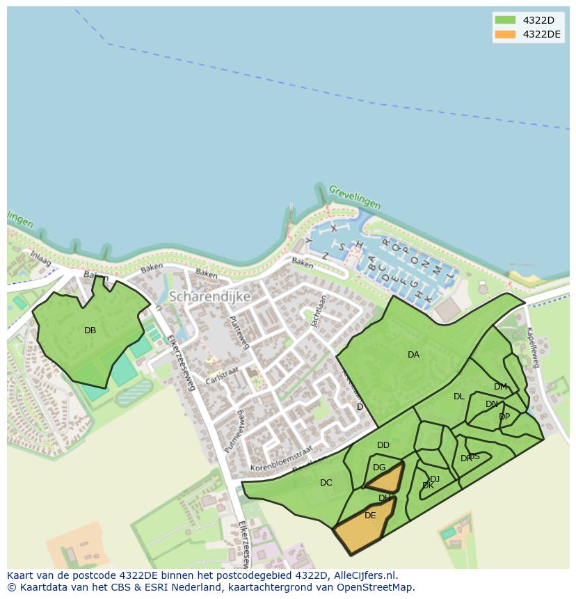 Afbeelding van het postcodegebied 4322 DE op de kaart.