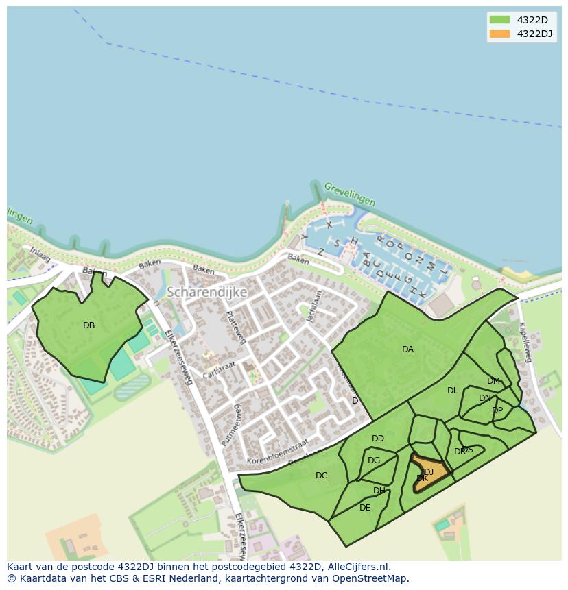 Afbeelding van het postcodegebied 4322 DJ op de kaart.