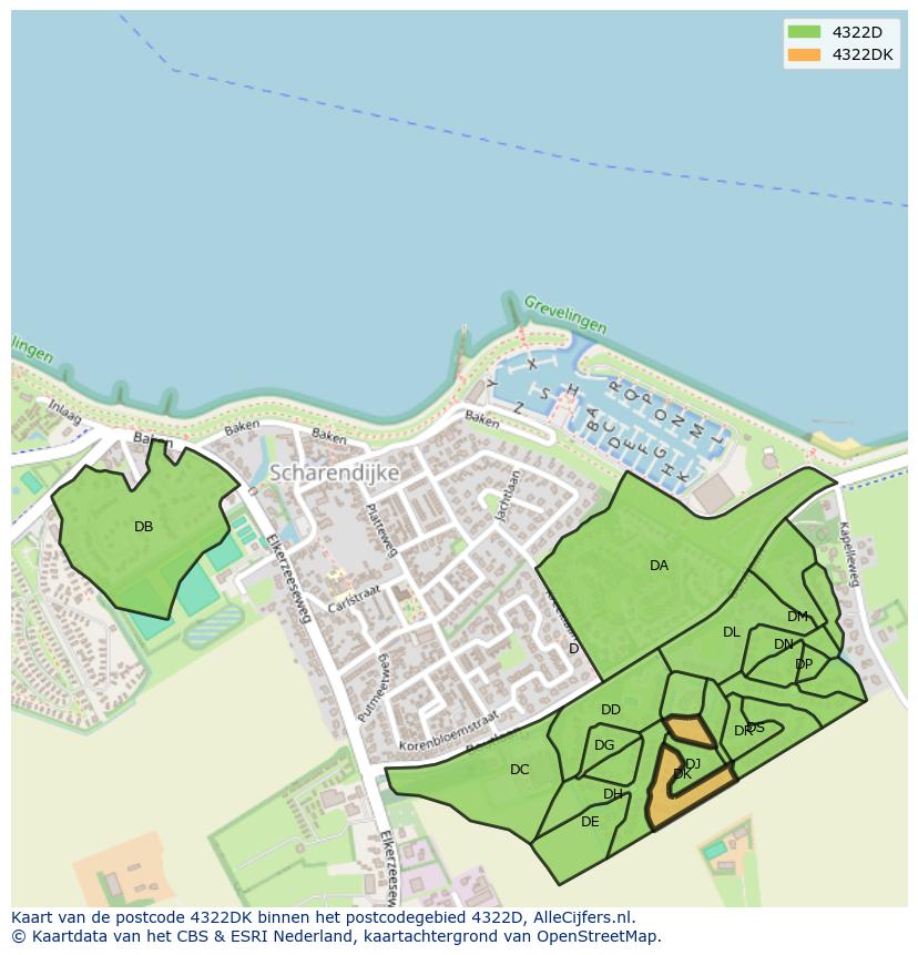 Afbeelding van het postcodegebied 4322 DK op de kaart.