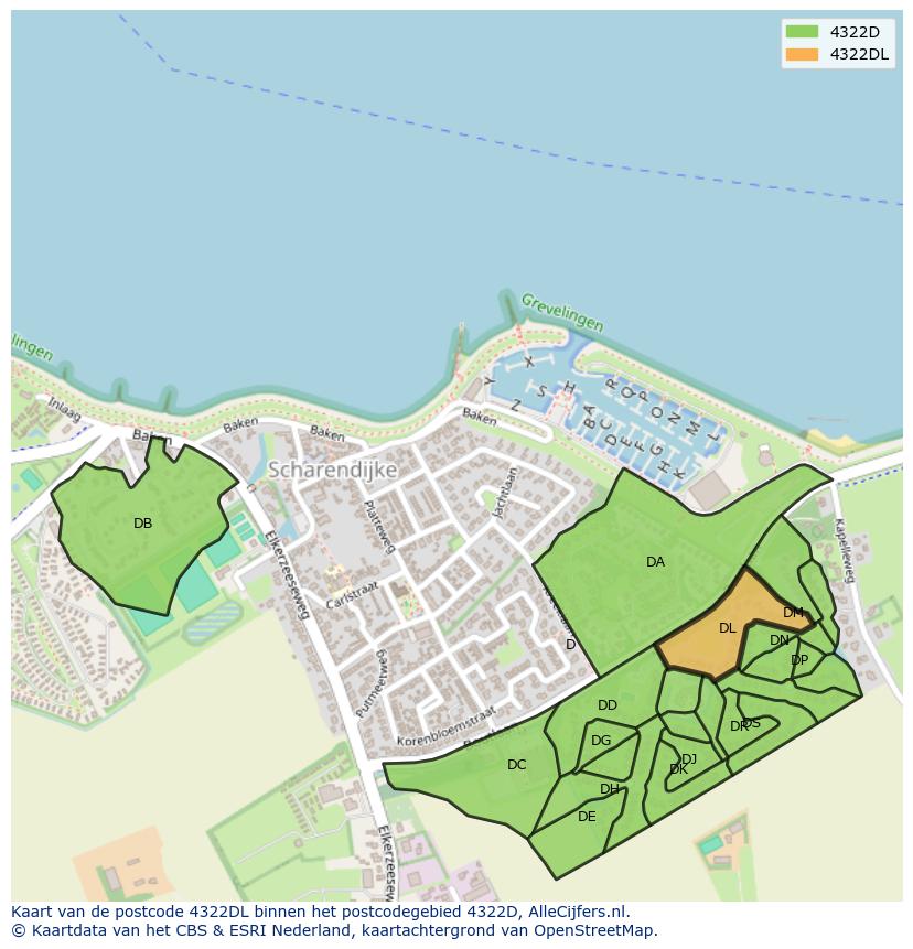 Afbeelding van het postcodegebied 4322 DL op de kaart.