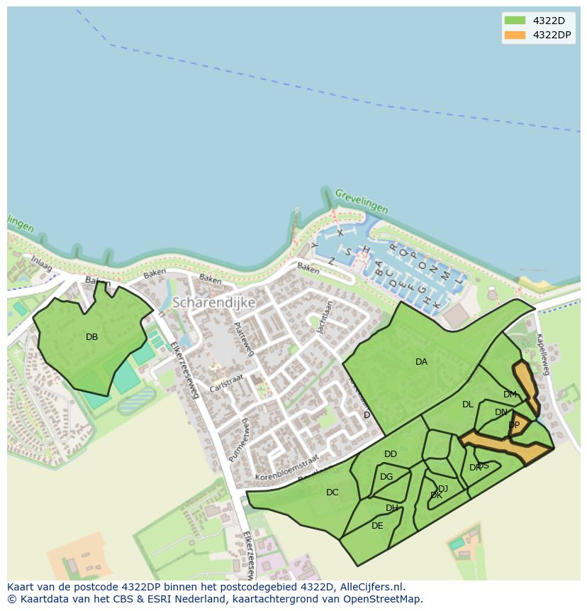 Afbeelding van het postcodegebied 4322 DP op de kaart.