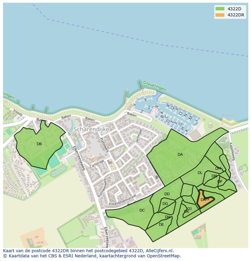 Afbeelding van het postcodegebied 4322 DR op de kaart.