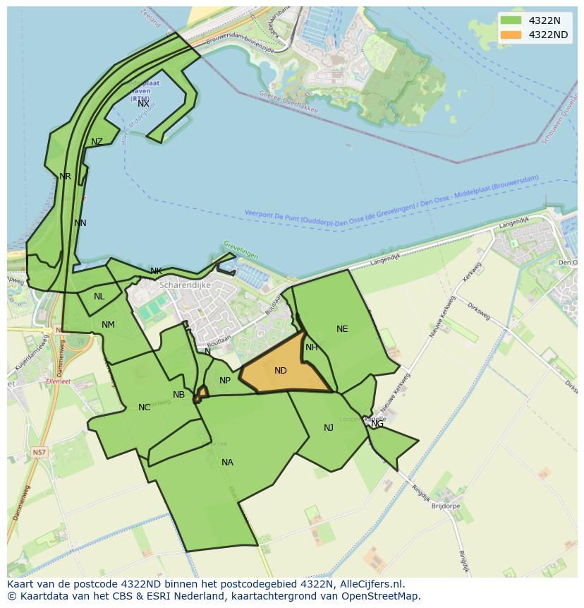 Afbeelding van het postcodegebied 4322 ND op de kaart.