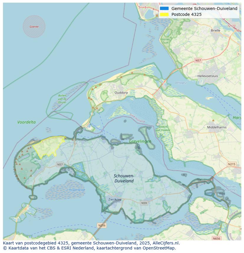 Afbeelding van het postcodegebied 4325 op de kaart.