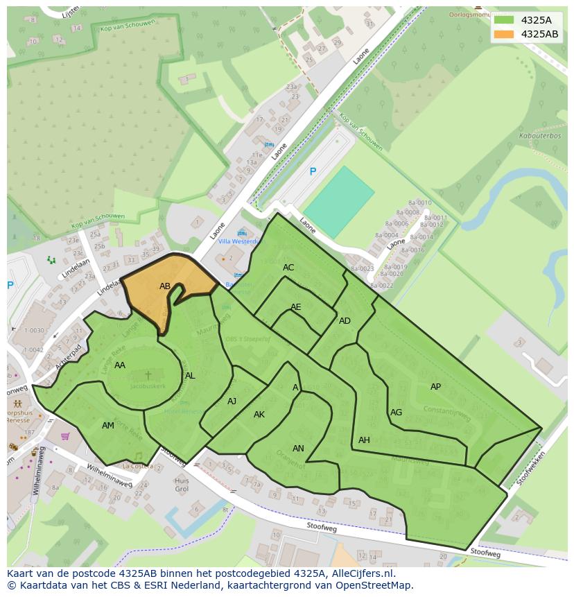 Afbeelding van het postcodegebied 4325 AB op de kaart.