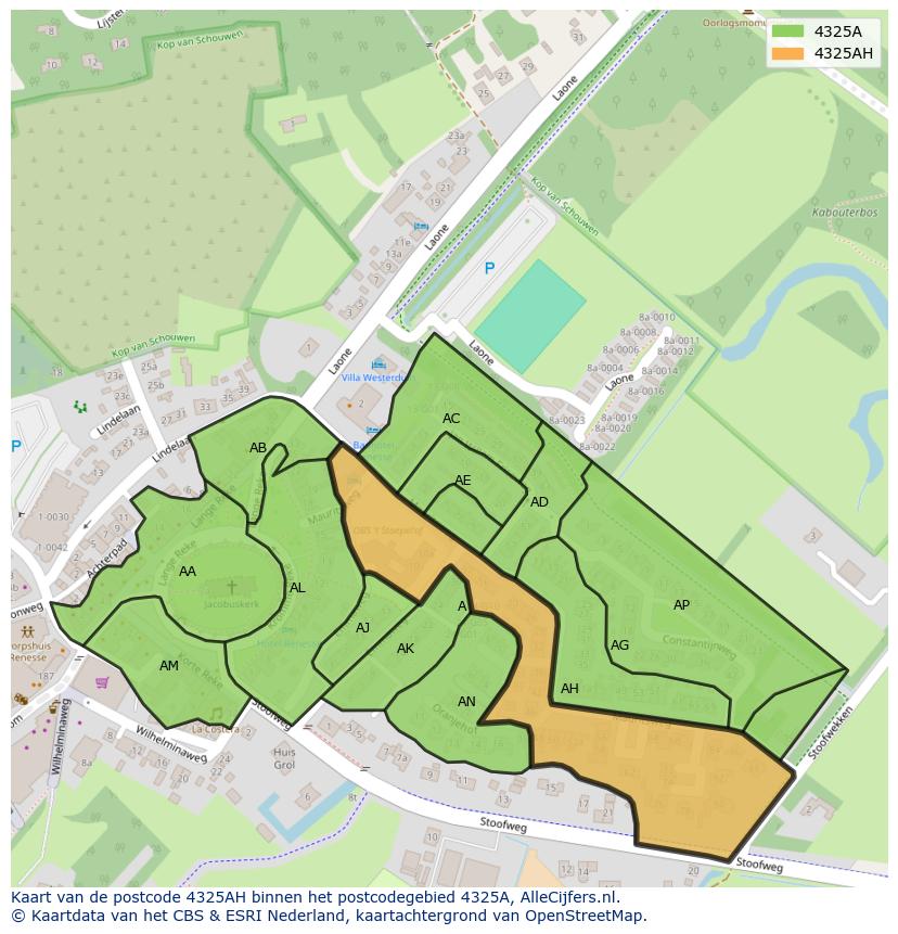 Afbeelding van het postcodegebied 4325 AH op de kaart.