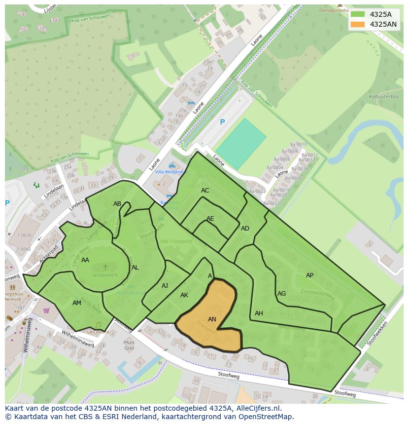 Afbeelding van het postcodegebied 4325 AN op de kaart.