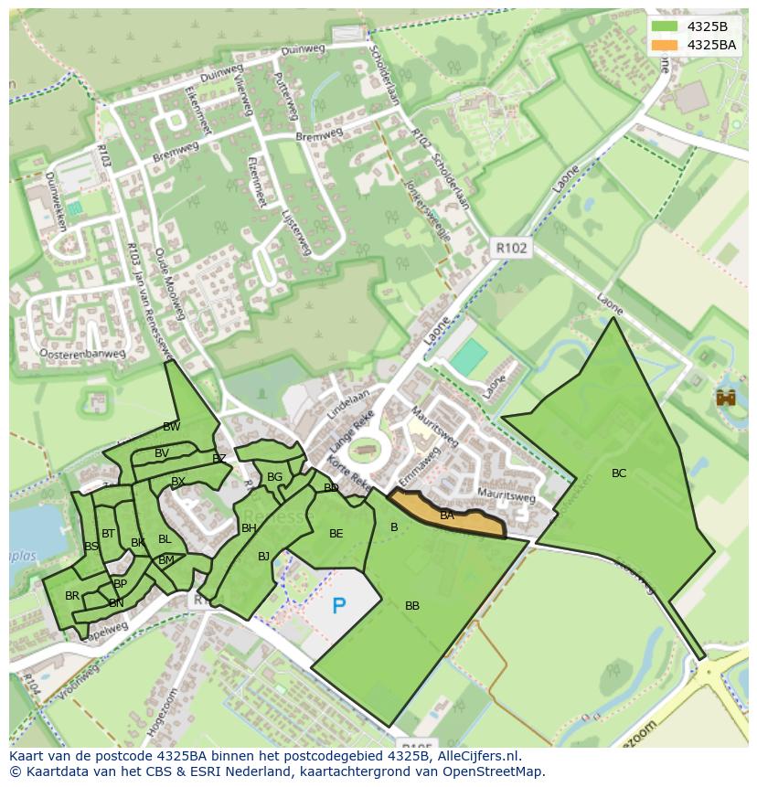 Afbeelding van het postcodegebied 4325 BA op de kaart.