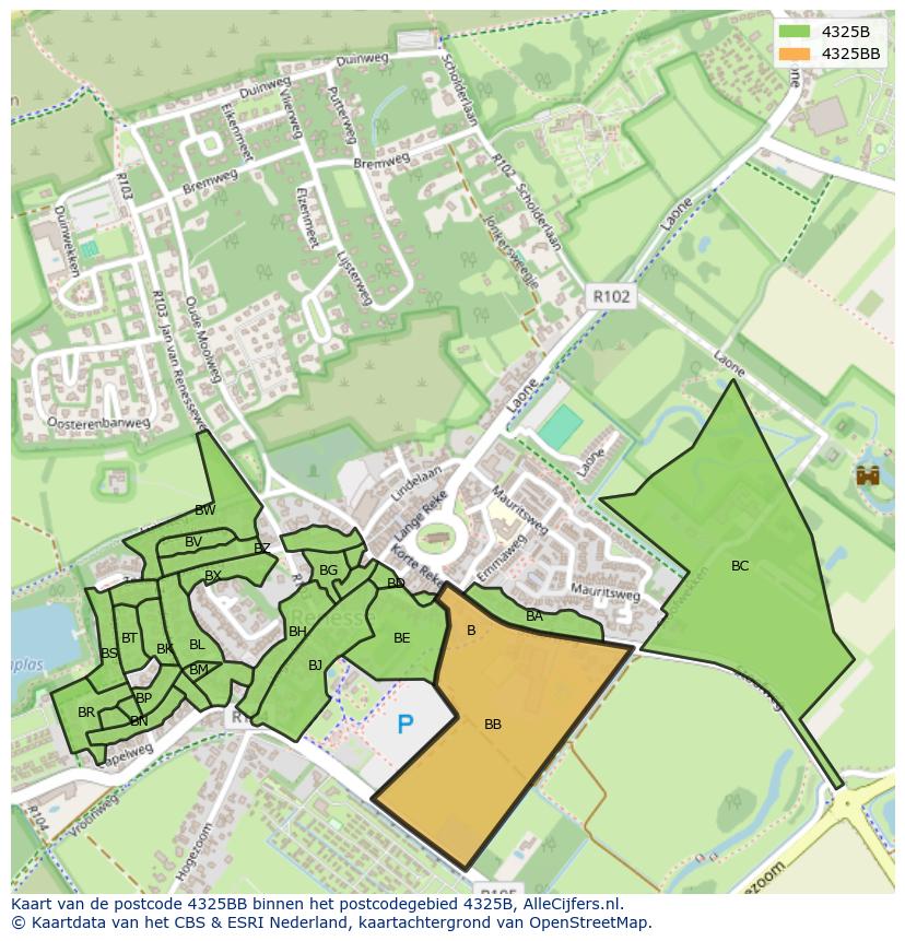 Afbeelding van het postcodegebied 4325 BB op de kaart.