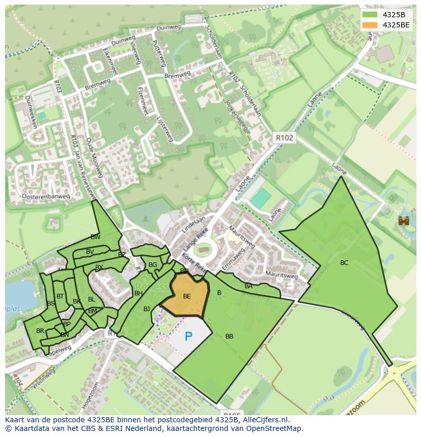 Afbeelding van het postcodegebied 4325 BE op de kaart.
