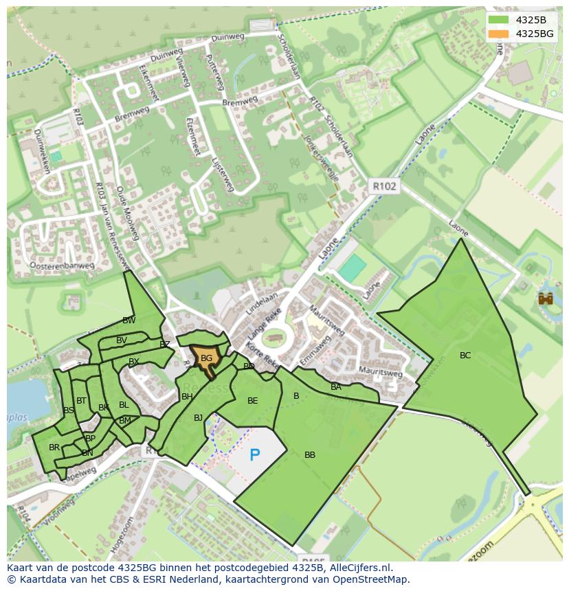 Afbeelding van het postcodegebied 4325 BG op de kaart.