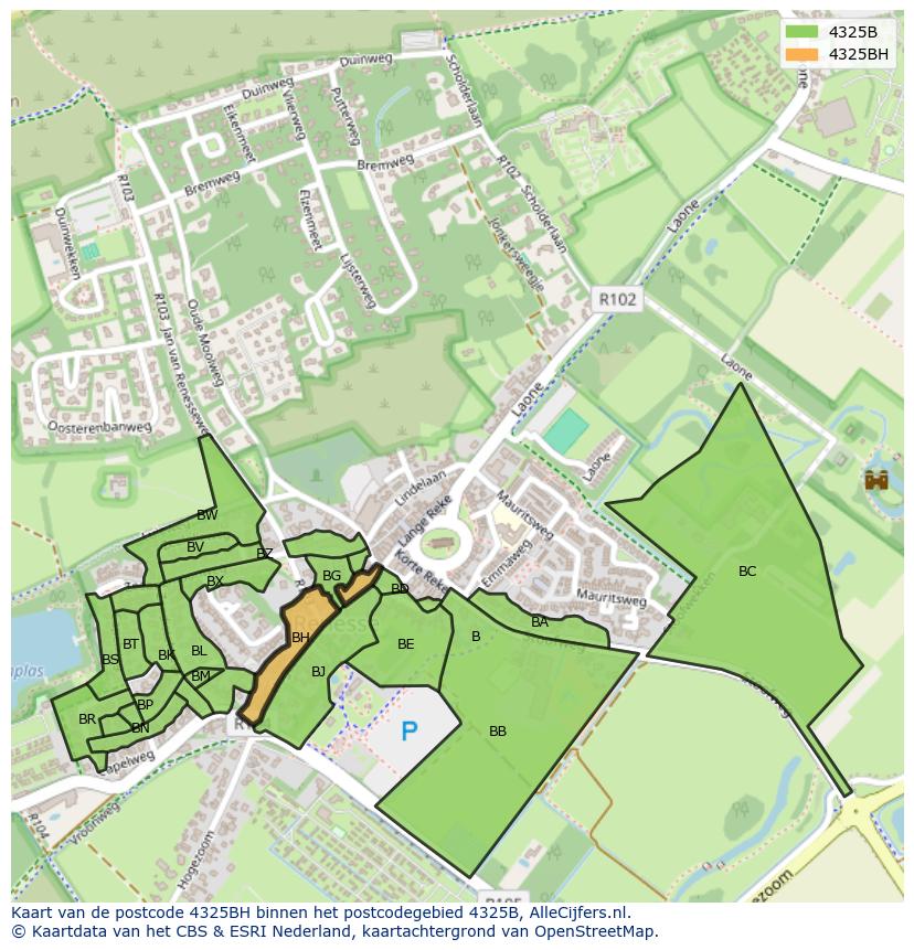Afbeelding van het postcodegebied 4325 BH op de kaart.