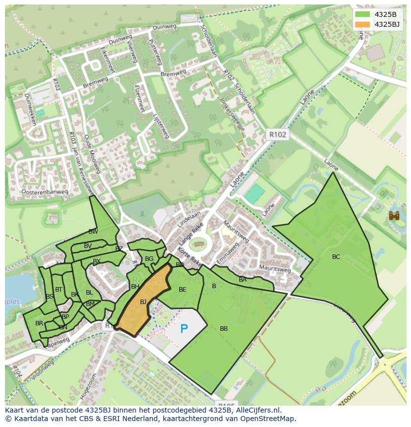Afbeelding van het postcodegebied 4325 BJ op de kaart.