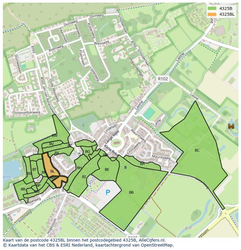 Afbeelding van het postcodegebied 4325 BL op de kaart.